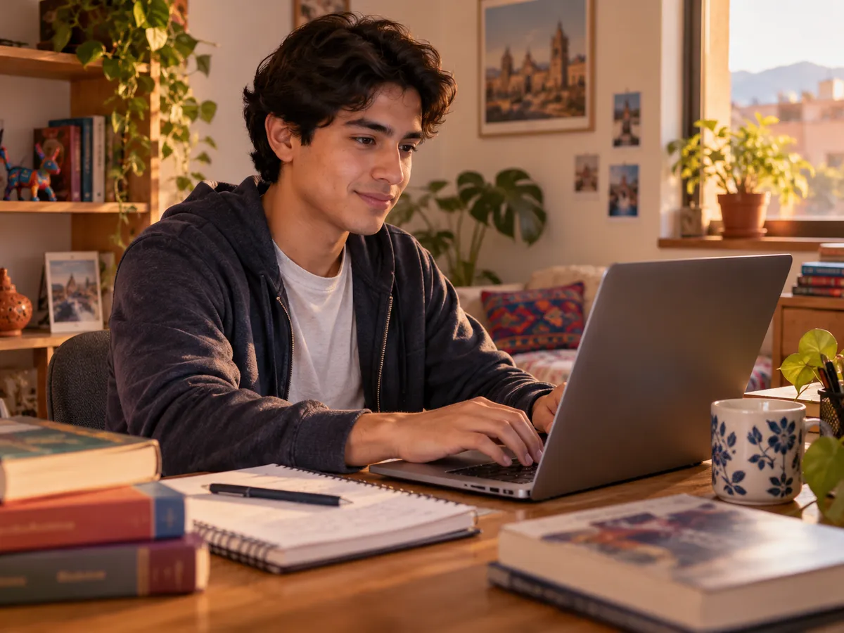 Escena ilustrativa de un estudiante universitario aprendiendo desde casa