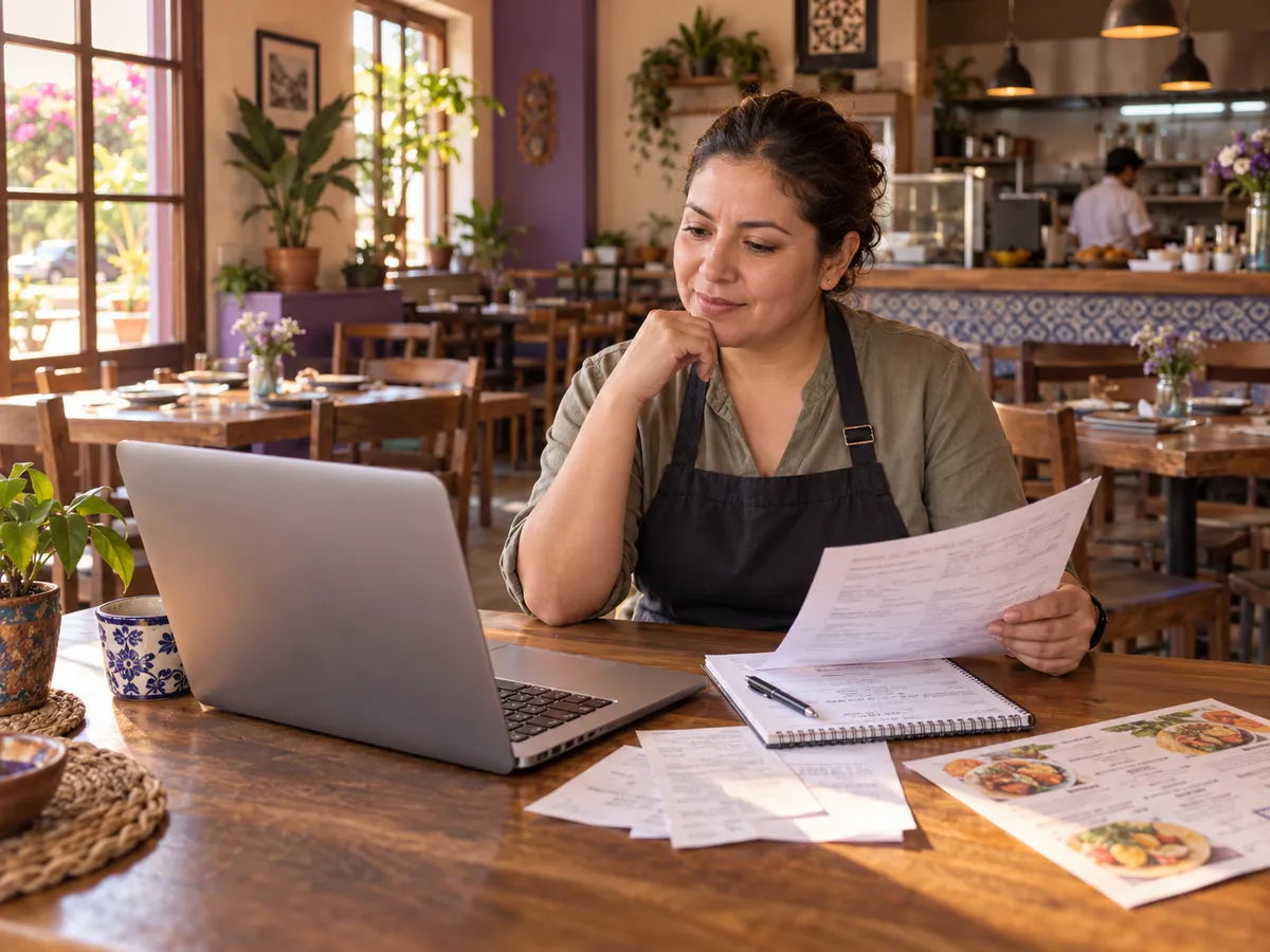 Escena ilustrativa de una dueña de restaurante revisando proveedores con su computadora