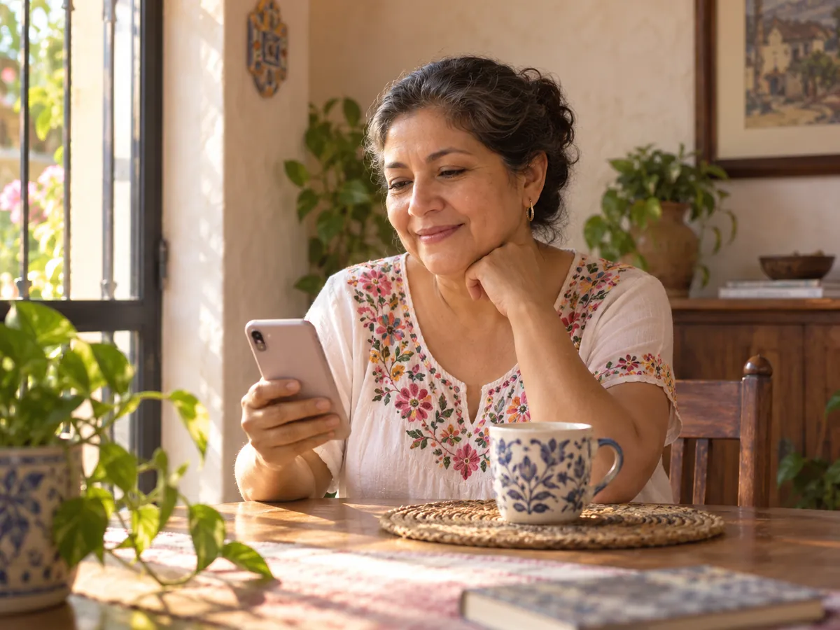 Escena ilustrativa de una mujer leyendo en su teléfono por la mañana